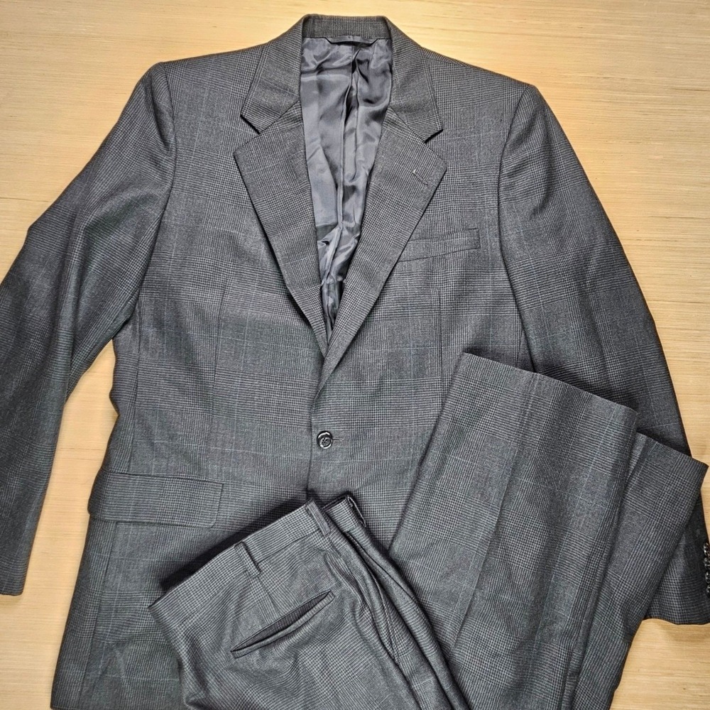 Hickey Freeman Mens Two Piece Suit Charcoal Glen Plaid Wool 43L Pants 36x28.5